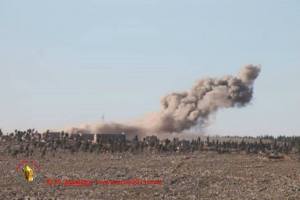 Syrian aircraft dropping barrel bombs to dislodge rebels from the Byzantine Dead City of Shanshara, Idlib Province